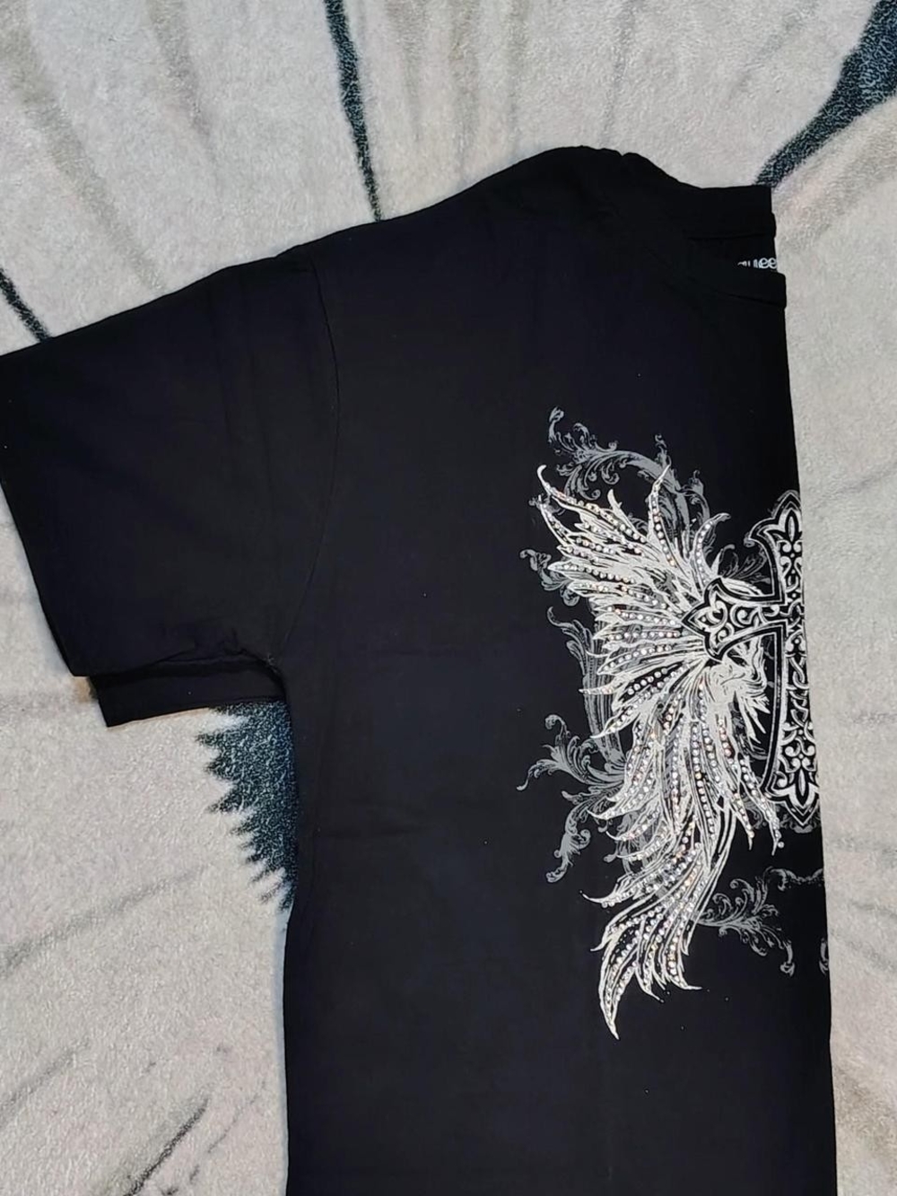 Queen Bees Black Tee with Silver Wing and Cross Graphic